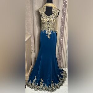 Elegant Blue and Gold Evening Gown Cinderella Divine 7263